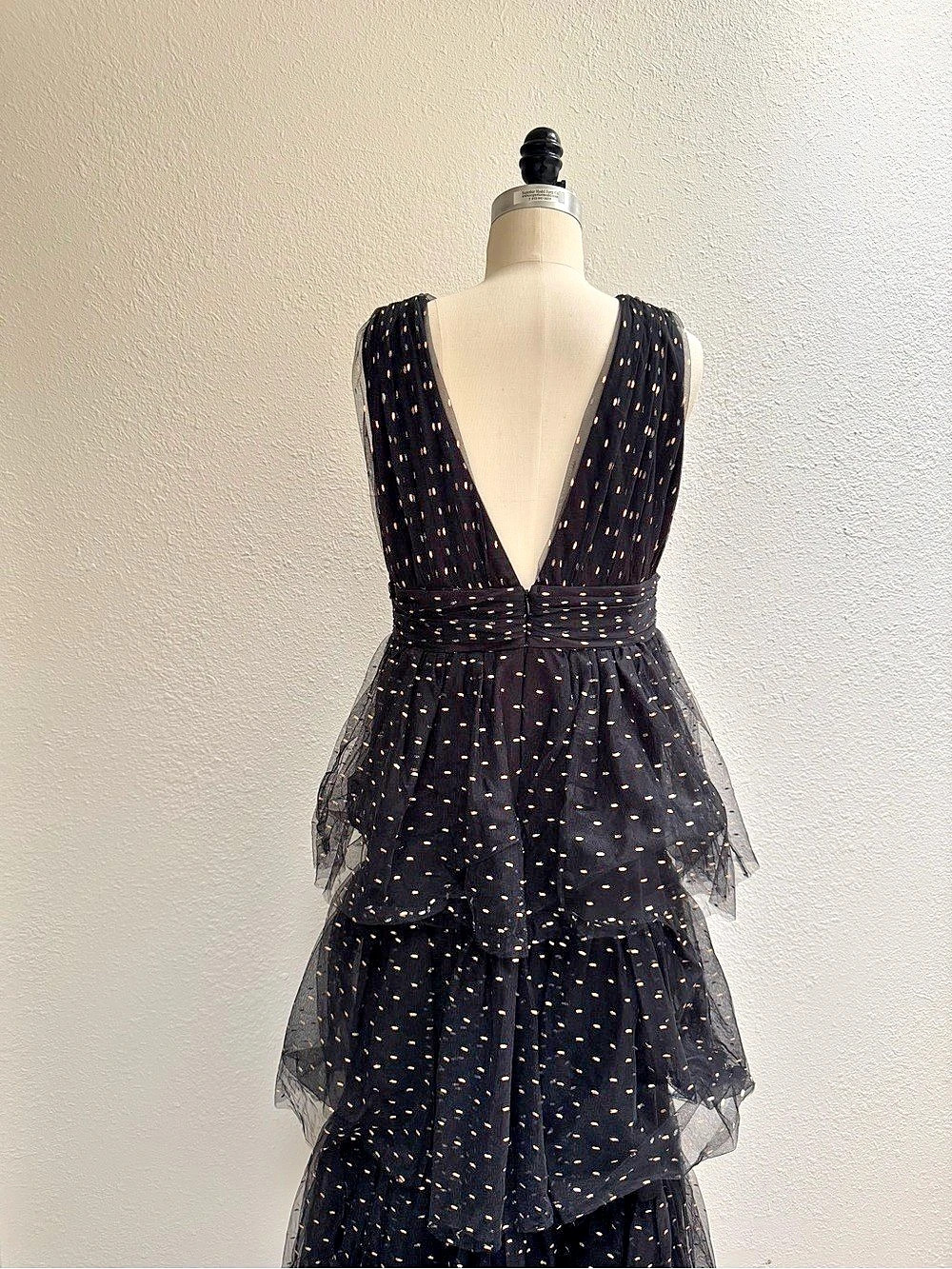 Lulus Decadent Impression Black Tulle Tiered Shiny Dot Midi Dress & Gold Tulle - Picture 4 of 9